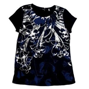 Tahari Women's Sz Medium T-shirt Black Lightweight Flowers Look Crew Neck